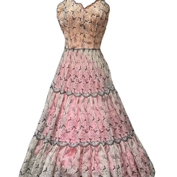 Vintage 1950s Sheer Cupcake Chiffon Embroidered Party Dress Pink & Black XS - Picture 15 of 16